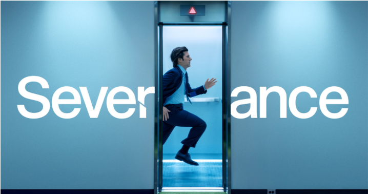 A promo poster for “Severance,” featuring Adam Scott’s character, Mark, running with the series’ staple, the elevator, in front of him (Photo By: Apple TV+)